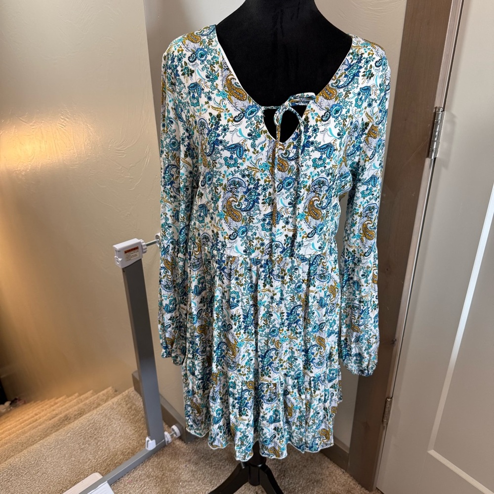 Altar'd State Long Sleeve Tiered Blue White Floral V-Neck Tie Dress Ruffle Flowy